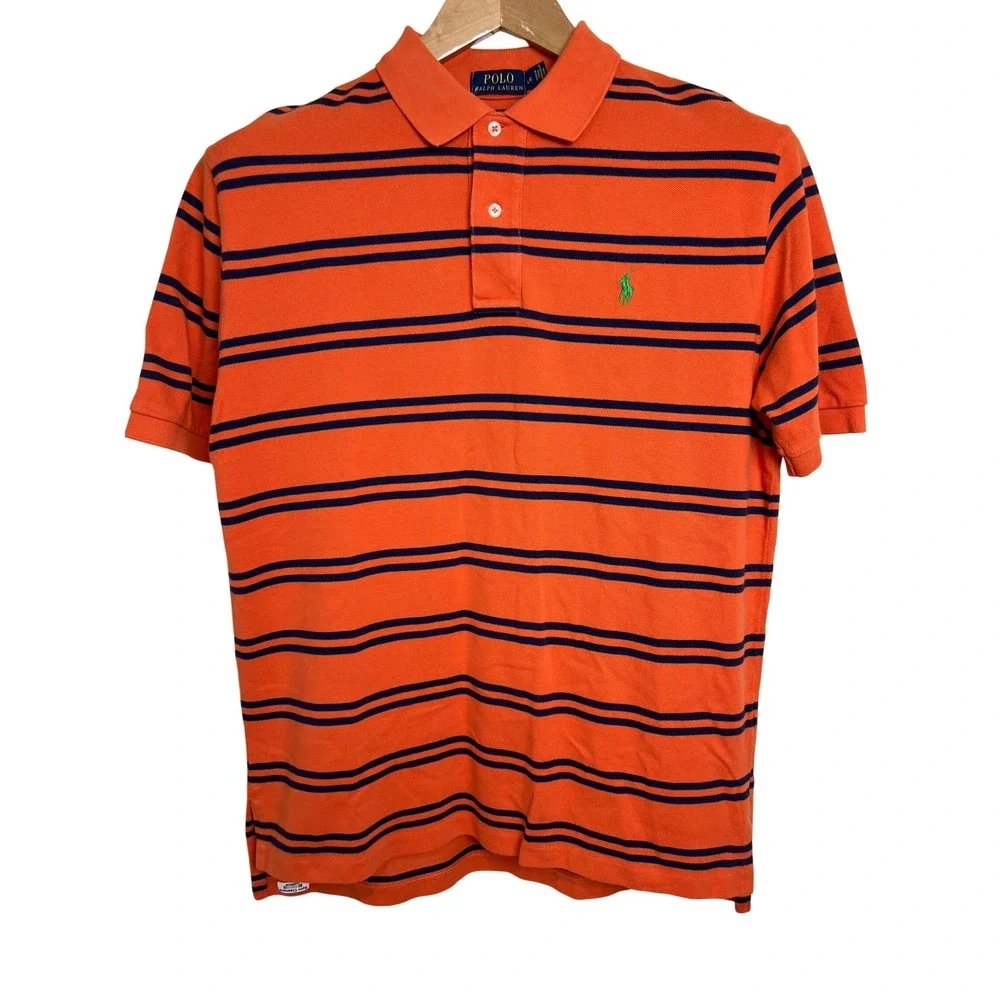 Polo Ralph Lauren Polo Shirt Mens Large Orange Striped‎ Short Sleeve Cotton E19